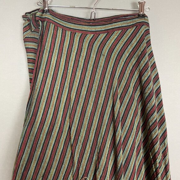 Striped Wrap Skirt Floral Embroidery Boho Flowers Ribbon Tie Waist Green Red - Picture 6 of 16